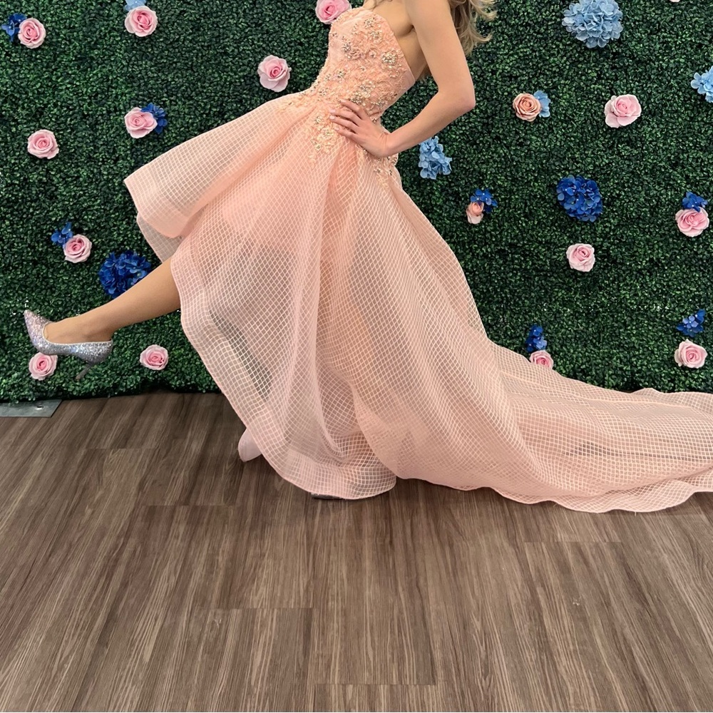 not sherri hill!!! gorgeous soft pink high low dress